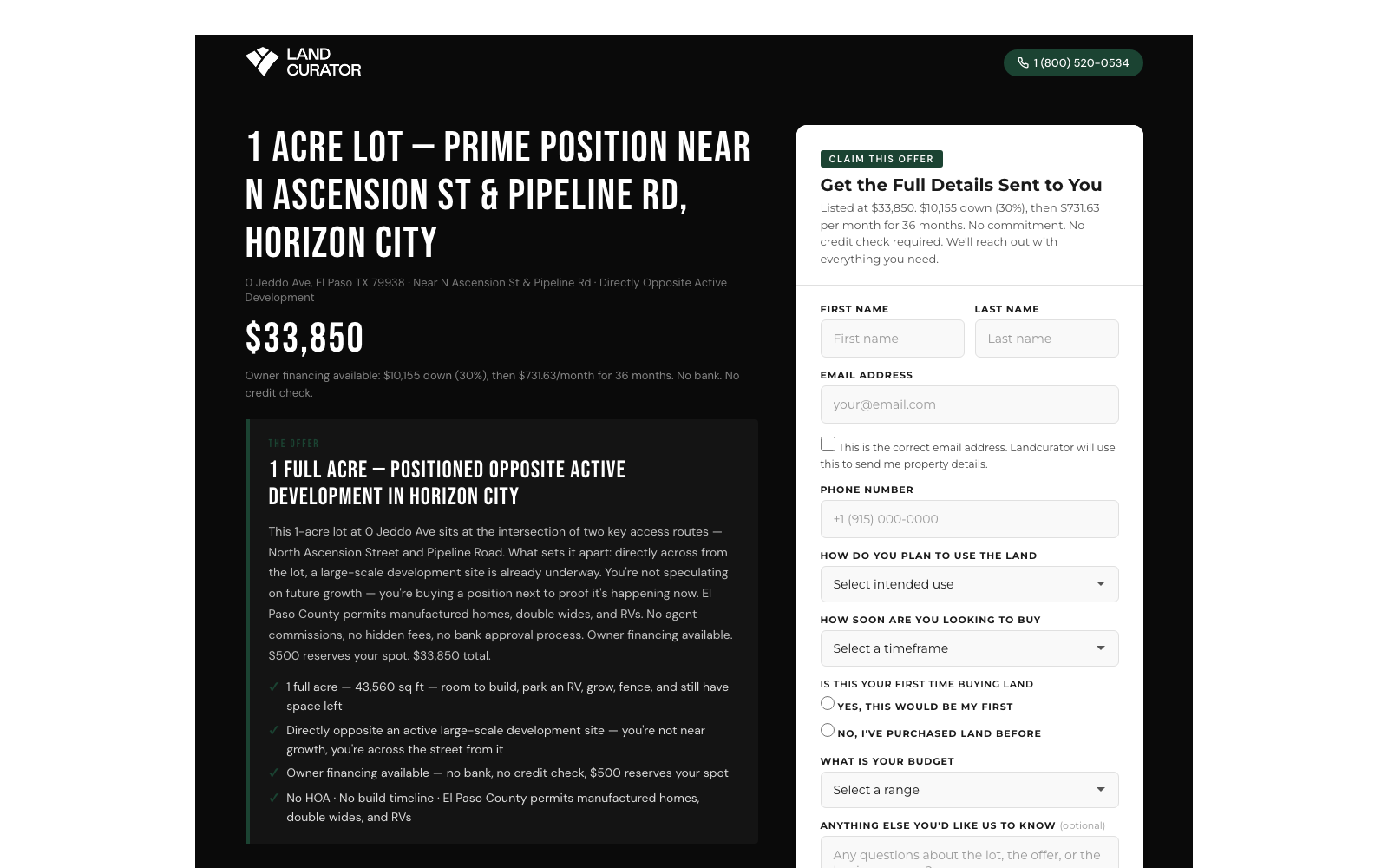 LandCurator 1-Acre listing landing page